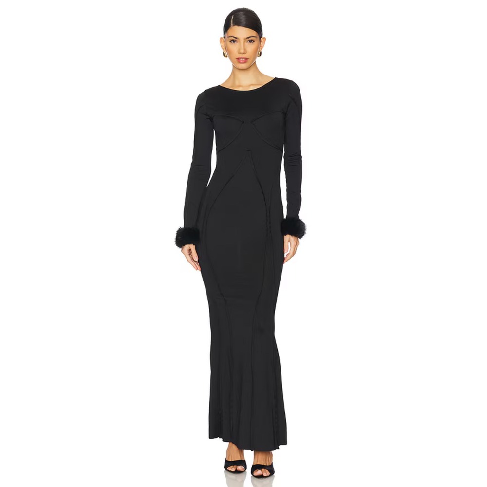 NWT‎ OW Collection Ciara Maxi Dress in Black w Removable Fur Cuffs XS $320